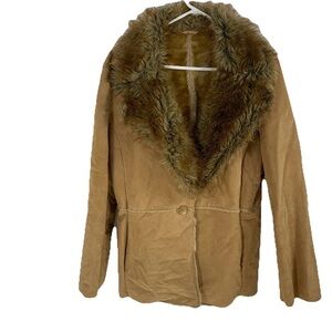 Penny Lane Coat Jacket Suede Tan Women Sz XL Faux Fur‎ Boho Vintage Hippie 90s